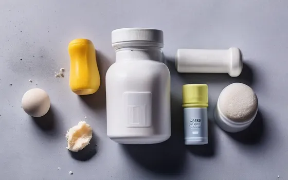 A scoop of white creatine monohydrate powder beside a shaker bottle, dumbbells and lean protein foods