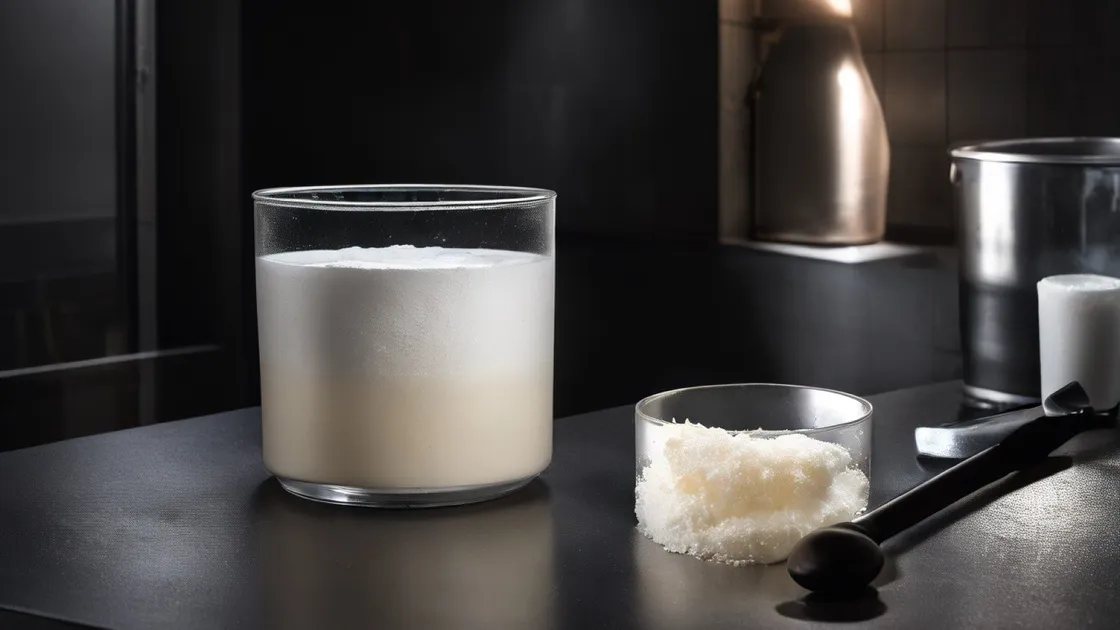 A tub of white creatine powder and a scoop beside a glass of water on a dark counter at night