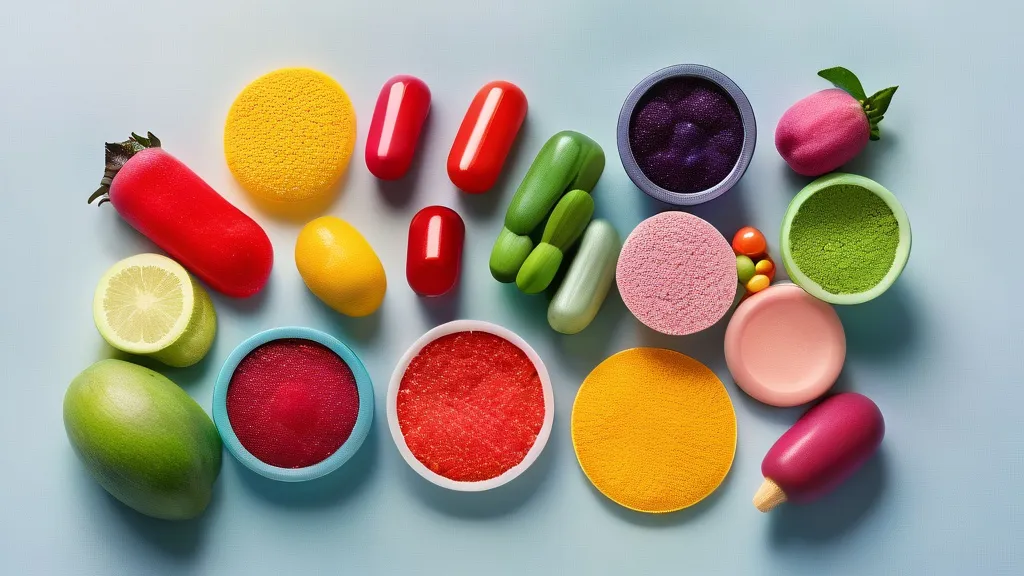 Colorful multivitamin tablets in a dish beside fresh fruits and vegetables on a bright surface