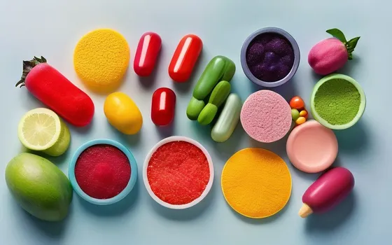 Colorful multivitamin tablets in a dish beside fresh fruits and vegetables on a bright surface