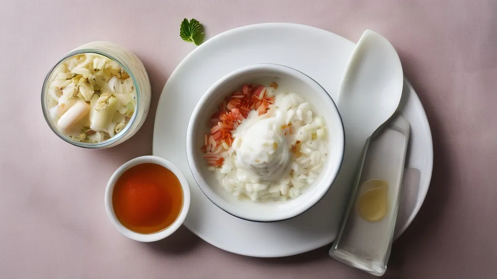 A jar of kefir, plain yogurt, sauerkraut, kimchi and probiotic capsules on a bright surface