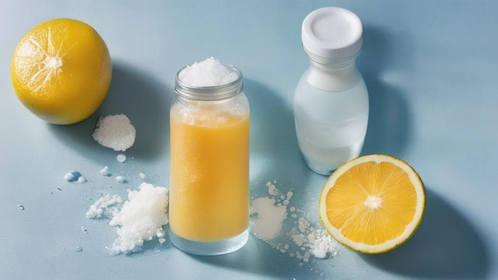 A glass of water with electrolyte powder, a pinch of salt, sliced citrus, coconut water and a shaker bottle