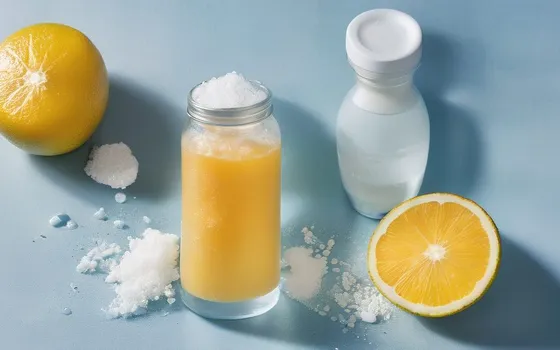 A glass of water with electrolyte powder, a pinch of salt, sliced citrus, coconut water and a shaker bottle