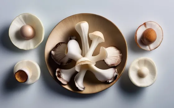 Fresh oyster mushrooms, shiitake, king trumpet mushrooms and supplement capsules on a bright surface