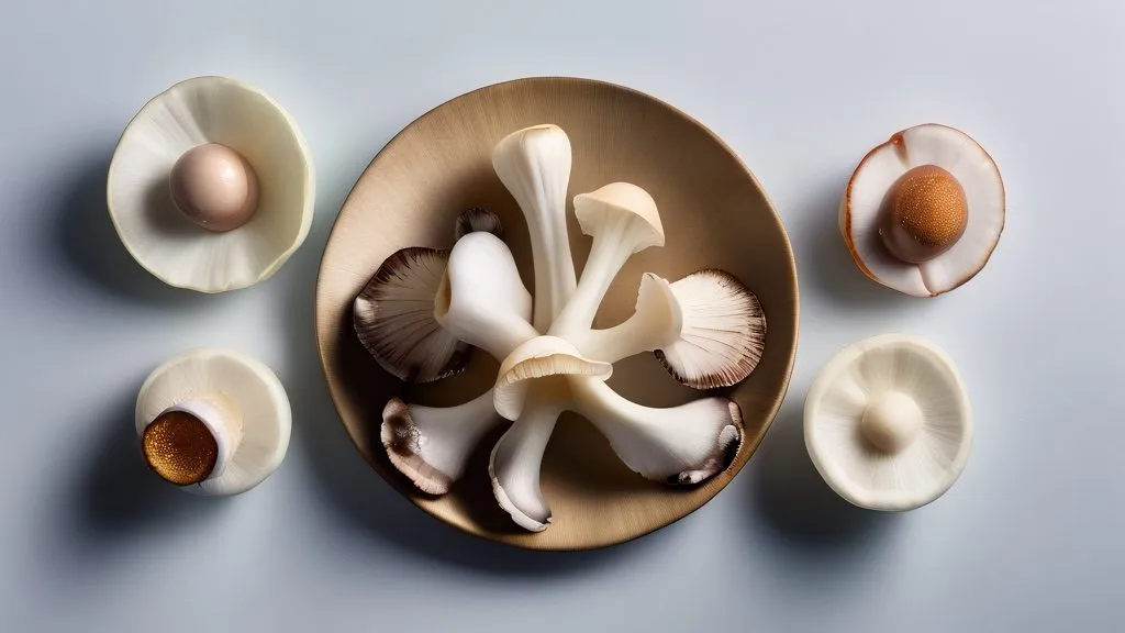 Fresh oyster mushrooms, shiitake, king trumpet mushrooms and supplement capsules on a bright surface
