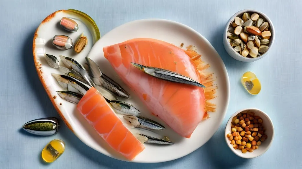 Fresh salmon, sardines, mackerel, walnuts and amber fish oil capsules on a bright surface