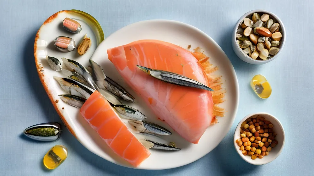 Fresh salmon, sardines, mackerel, walnuts and amber fish oil capsules on a bright surface