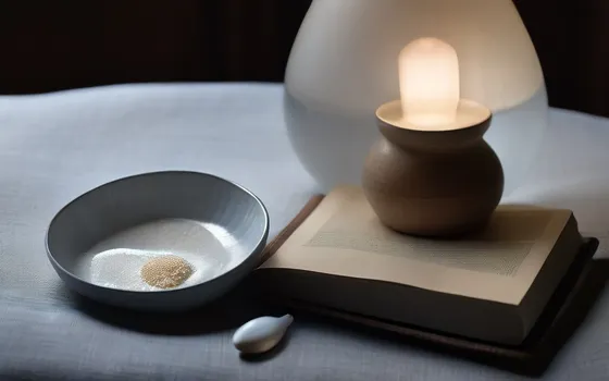A small dish of fine white glycine powder beside an open book and a glowing bedside lamp at night