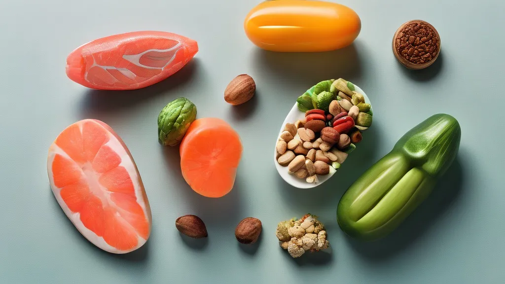 Supplement capsules beside fresh vegetables, salmon, nuts and running shoes symbolizing healthy aging