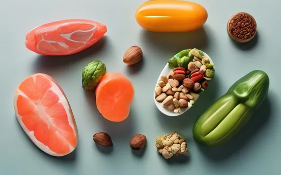 Supplement capsules beside fresh vegetables, salmon, nuts and running shoes symbolizing healthy aging