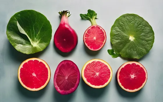 Fresh beetroot, spinach, arugula, watermelon and citrus arranged on a bright surface
