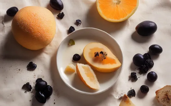 Whole and halved cantaloupe with scattered dried prunes and a small white bowl of fruit on cream linen