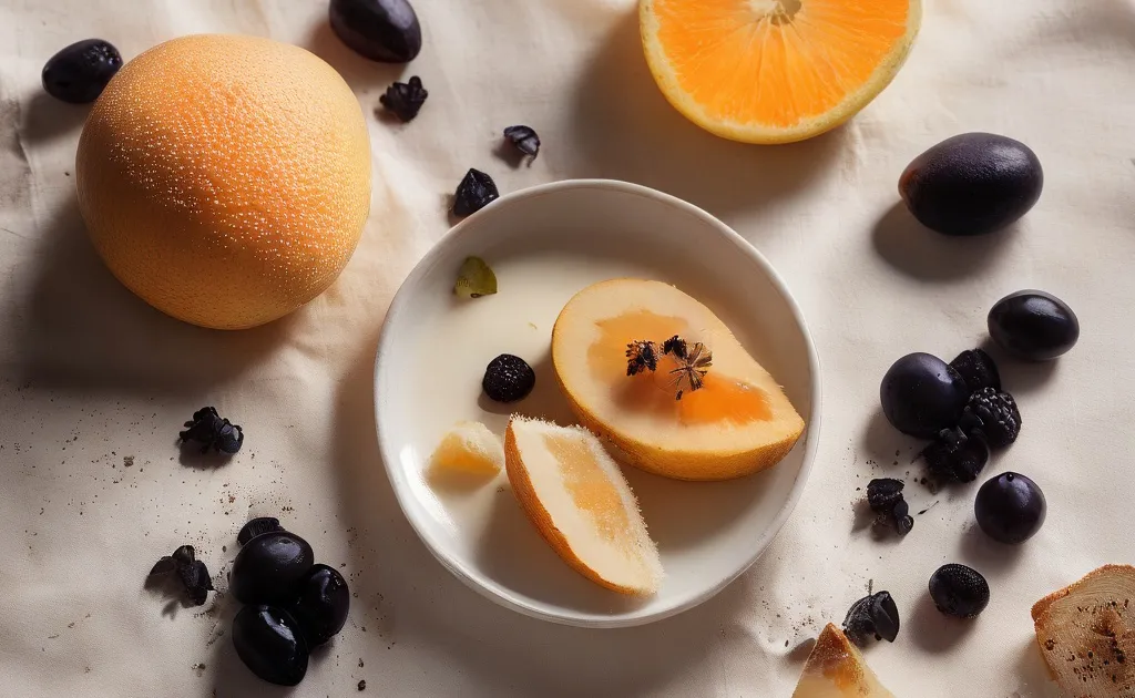 Whole and halved cantaloupe with scattered dried prunes and a small white bowl of fruit on cream linen