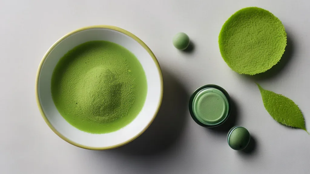 A cup of green tea with loose tea leaves, matcha powder and supplement capsules on a calm light surface