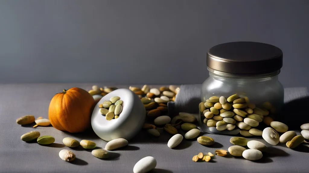 Magnesium capsules and a bottle of melatonin tablets beside pumpkin seeds and almonds on a dim bedside surface