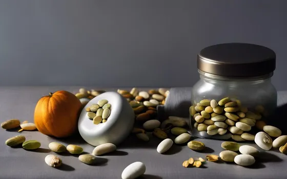 Magnesium capsules and a bottle of melatonin tablets beside pumpkin seeds and almonds on a dim bedside surface