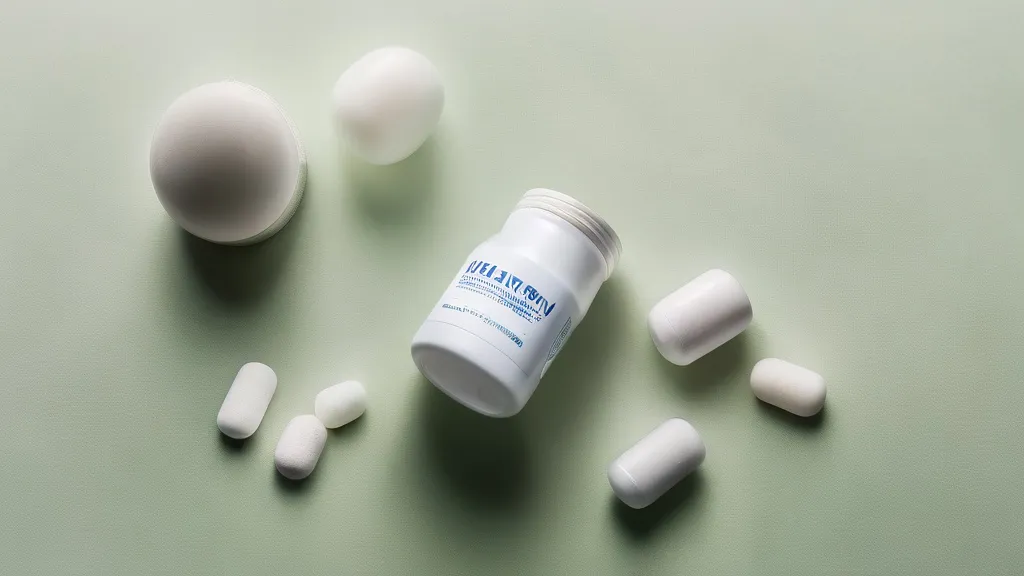 Magnesium capsules and powder beside a supplement bottle on a bright surface