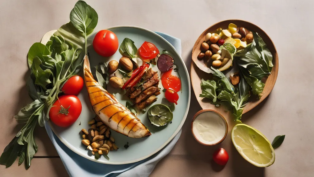 A Mediterranean-diet spread of olive oil, walnuts, greens, tomatoes and grilled fish on a bright surface