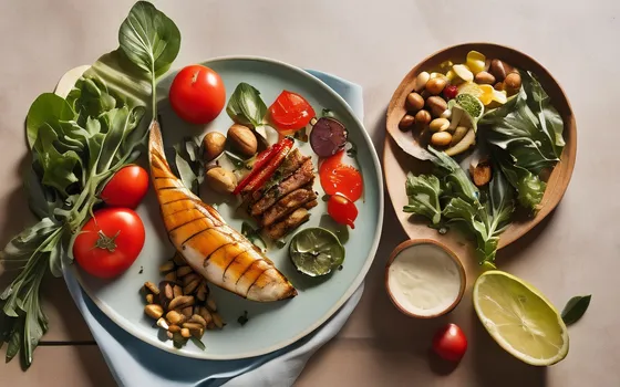 A Mediterranean-diet spread of olive oil, walnuts, greens, tomatoes and grilled fish on a bright surface