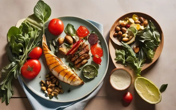 A Mediterranean-diet spread of olive oil, walnuts, greens, tomatoes and grilled fish on a bright surface