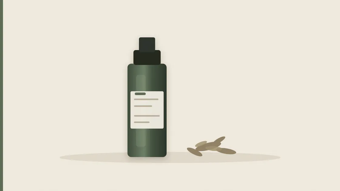 A dark glass dropper bottle beside dried plant material on a plain pale surface