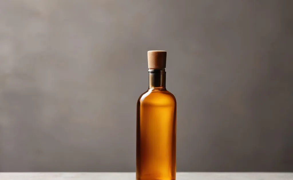A plain unlabelled amber glass bottle with a pale stopper, standing on a grey stone surface