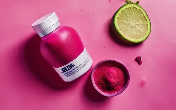 Scoops of citrulline and beetroot supplement powder beside a shaker bottle, fresh beets and watermelon