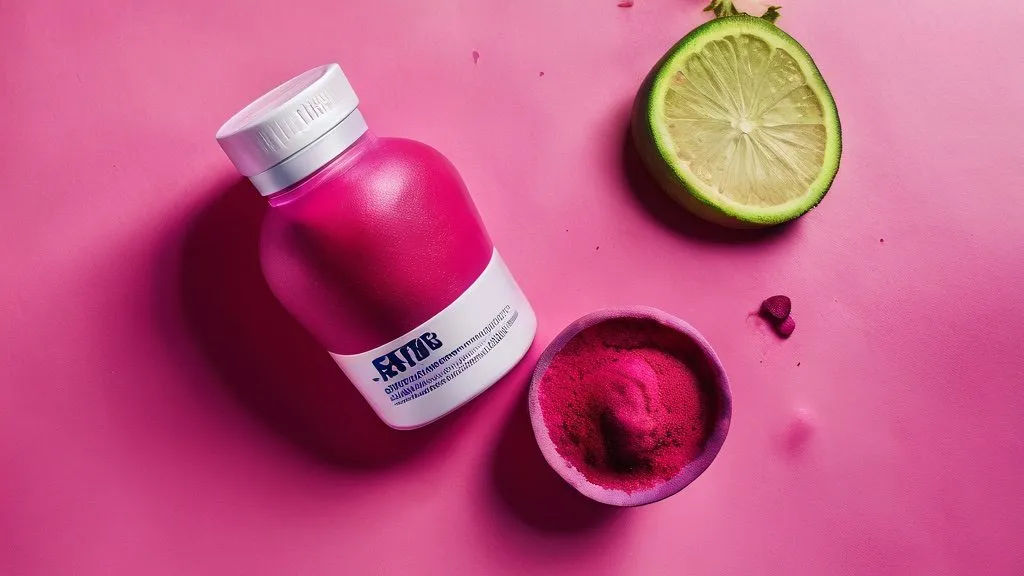 Scoops of citrulline and beetroot supplement powder beside a shaker bottle, fresh beets and watermelon
