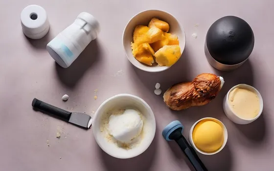A scoop of protein powder and creatine beside dumbbells, grilled chicken, eggs and a measuring tape