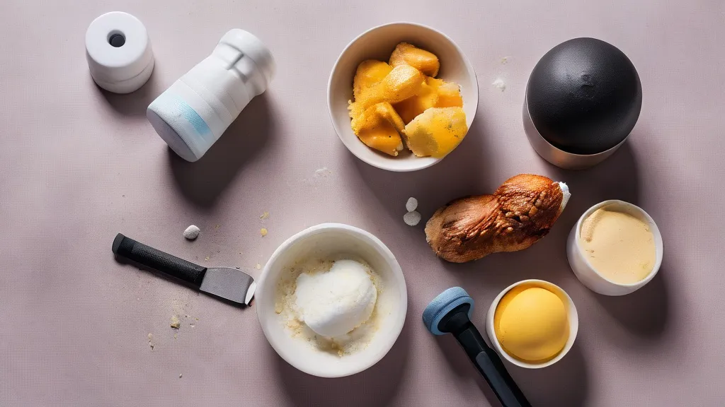 A scoop of protein powder and creatine beside dumbbells, grilled chicken, eggs and a measuring tape