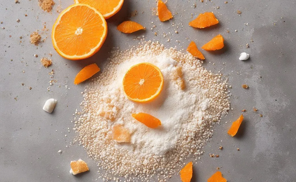 Halved oranges and pieces of orange peel around a heap of pale granular powder on a grey concrete surface, seen from above