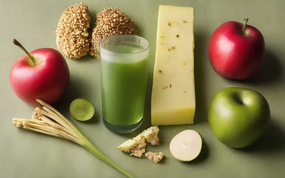 A glass of green longevity superfood drink beside wheat germ, mushrooms, aged cheese and apples