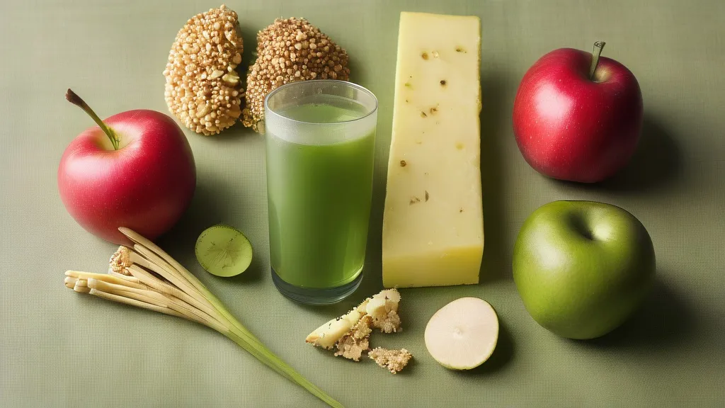 A glass of green longevity superfood drink beside wheat germ, mushrooms, aged cheese and apples
