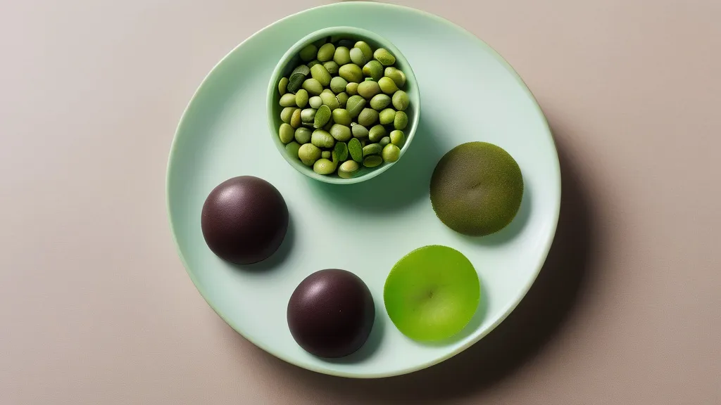 Supplement capsules beside natto, green tea, kiwi and dark chocolate on a minimalist surface