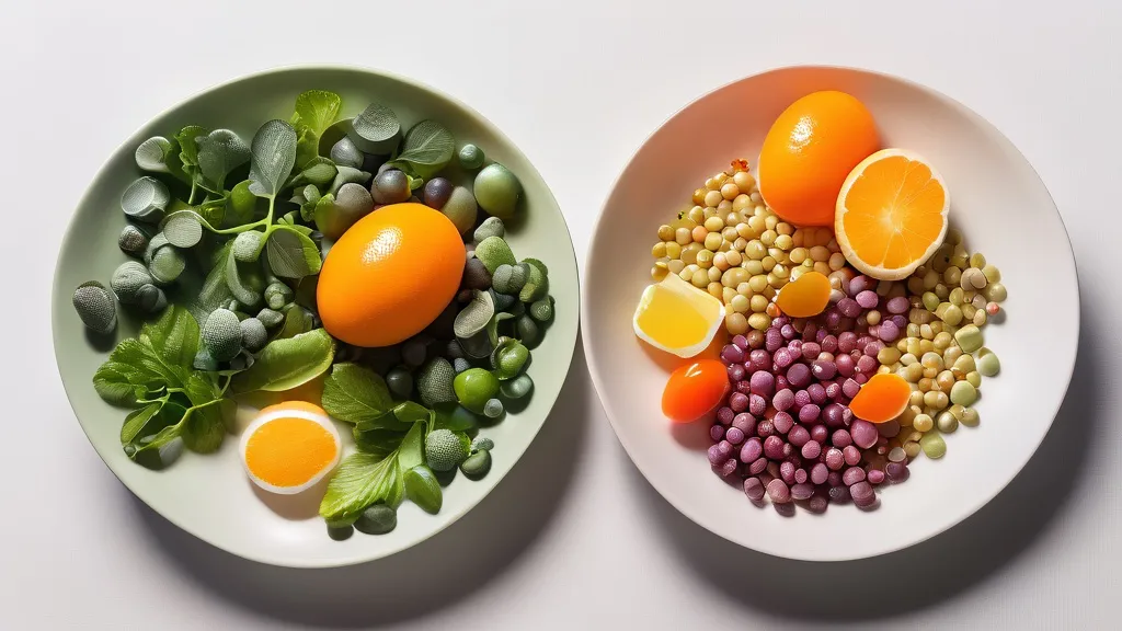 Prenatal vitamin capsules and gummies in a dish with leafy greens, oranges, lentils and eggs