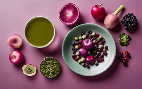 Red onions, apples, capers, berries and green tea with supplement capsules on a bright surface