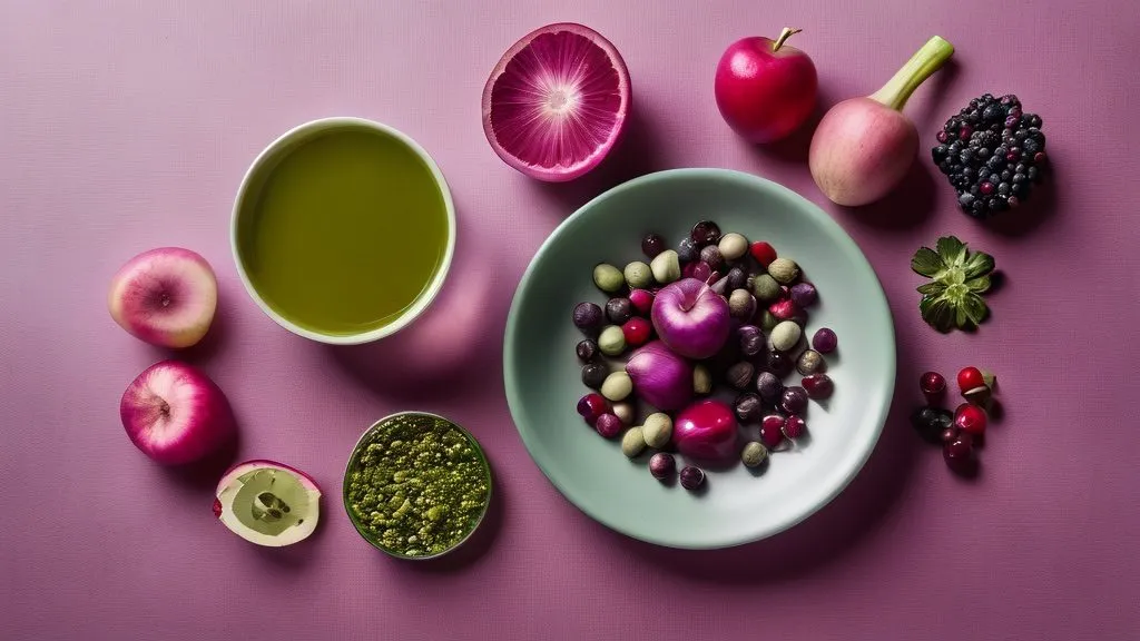 Red onions, apples, capers, berries and green tea with supplement capsules on a bright surface