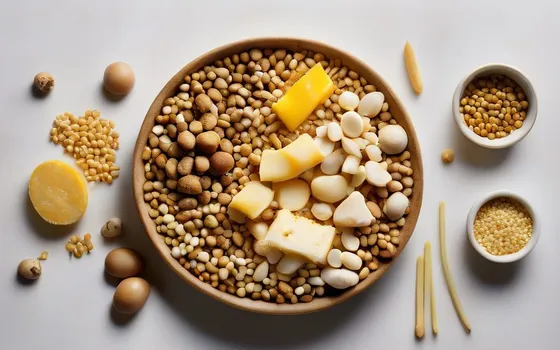 Wheat germ, aged cheese, mushrooms, natto soybeans and whole grains arranged on a bright surface