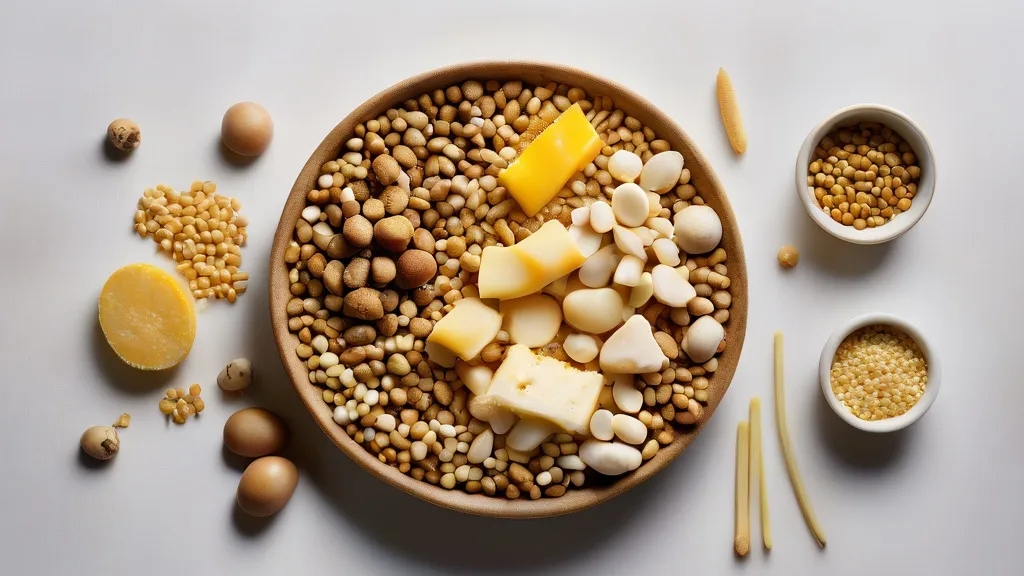 Wheat germ, aged cheese, mushrooms, natto soybeans and whole grains arranged on a bright surface