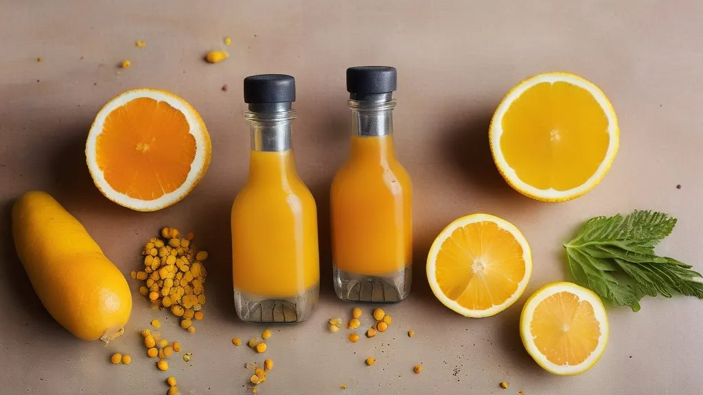 Glass shot bottles of bright orange turmeric juice with fresh turmeric root, ginger, black pepper and lemon