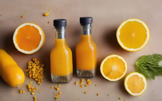 Glass shot bottles of bright orange turmeric juice with fresh turmeric root, ginger, black pepper and lemon