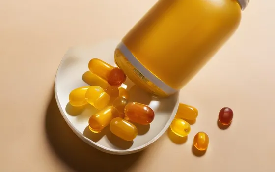Amber and pale-yellow softgel capsules spilling from a supplement bottle on a bright surface