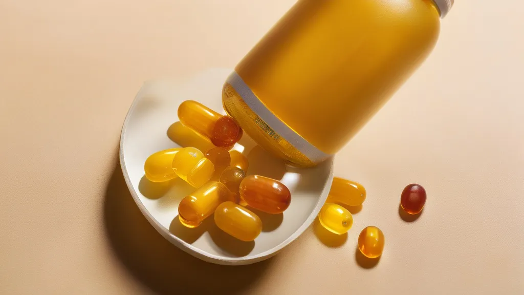 Amber and pale-yellow softgel capsules spilling from a supplement bottle on a bright surface