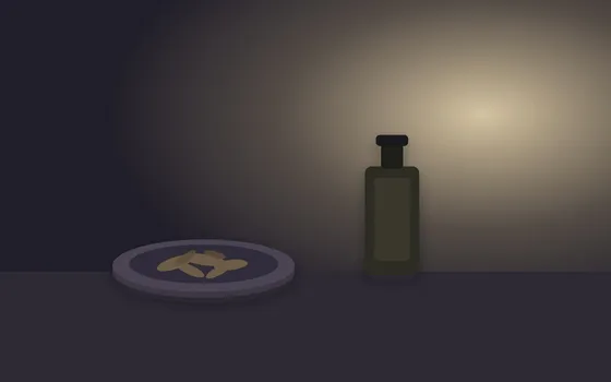 Dried valerian root pieces in a shallow bowl beside a dark glass dropper bottle on a night table