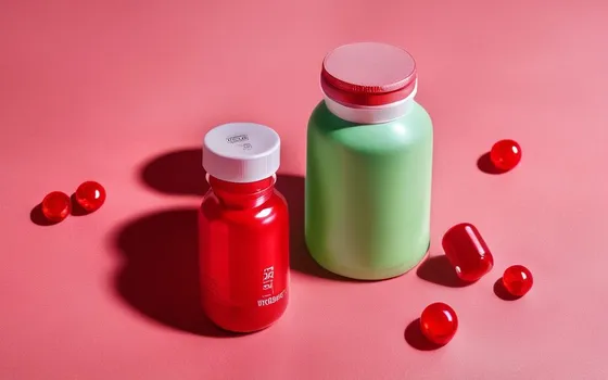 Red vitamin B12 capsules and tablets with a supplement bottle on a bright surface