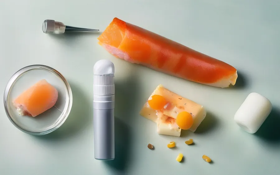 Vitamin D softgel capsules beside a glass vial and syringe, with salmon, eggs and cheese on a bright surface
