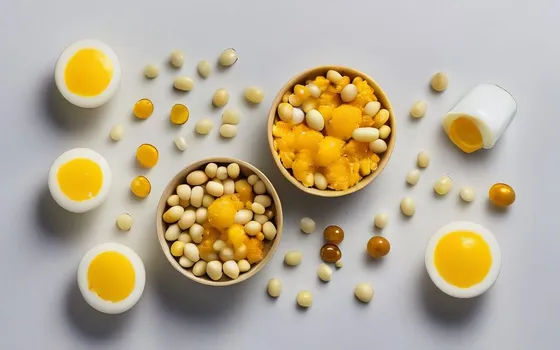Natto fermented soybeans, aged cheese, egg yolks and supplement capsules on a bright surface