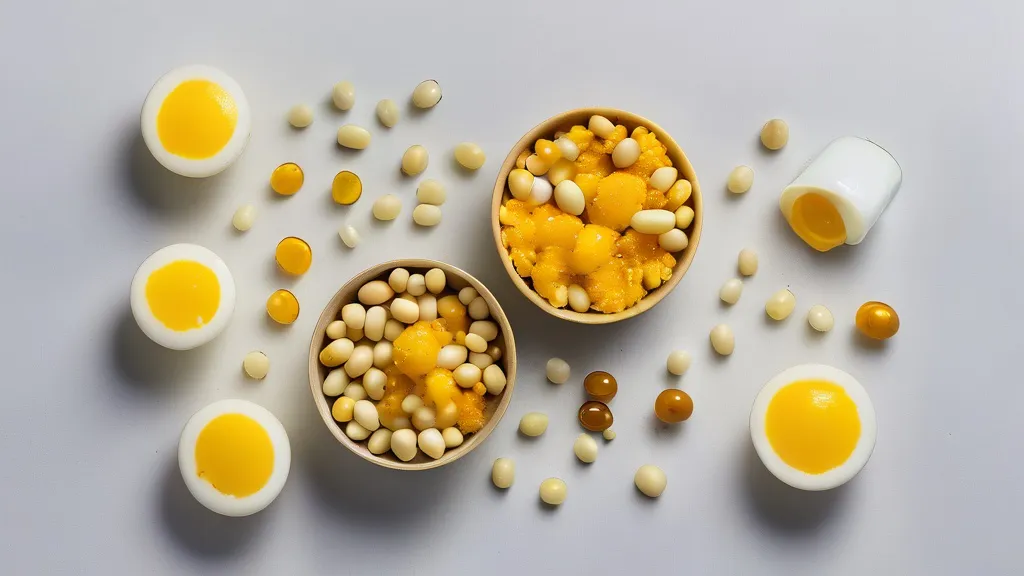 Natto fermented soybeans, aged cheese, egg yolks and supplement capsules on a bright surface
