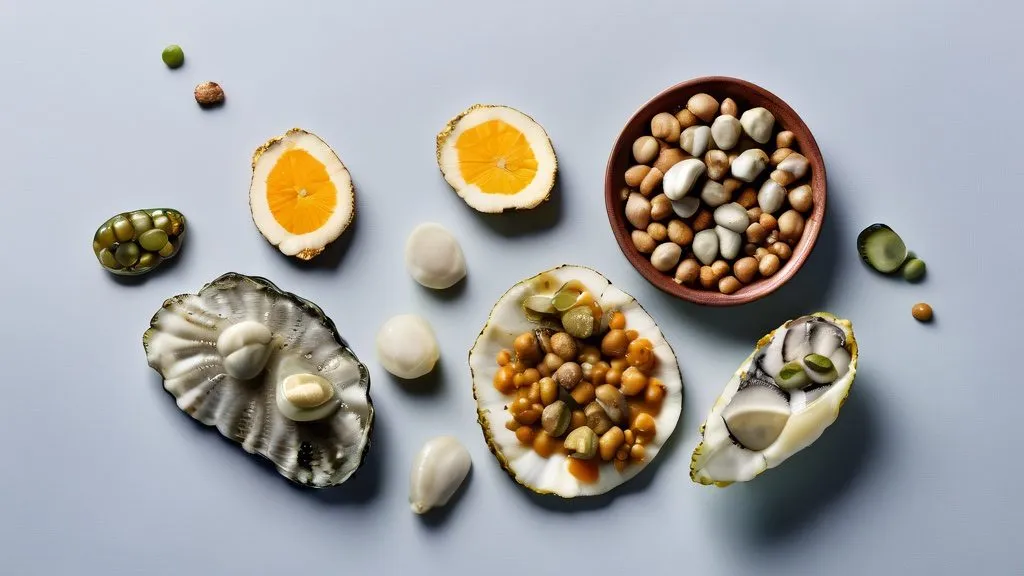 Fresh oysters, beef, pumpkin seeds, chickpeas and zinc lozenges on a bright surface