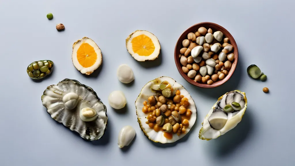 Fresh oysters, beef, pumpkin seeds, chickpeas and zinc lozenges on a bright surface
